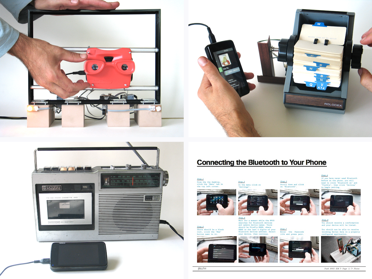 Three photos showing physical interfaces, plus a page of documentation.